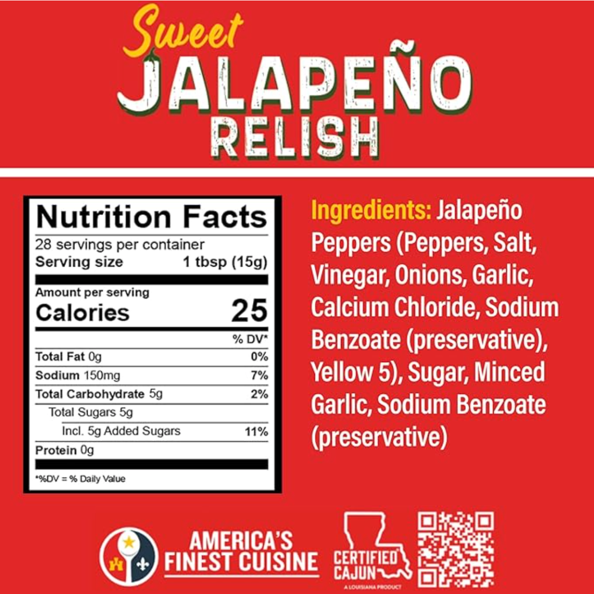 Ragin' Cajun - Sweet Jalapeno Relish - 15 oz Jar, All Natural
